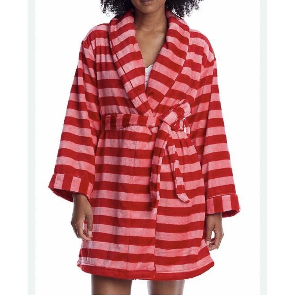 Kate Spade Soft Plush Robe Sz M Wrap Belt Tie Chenille Red Pink Stripe Cozy Pink